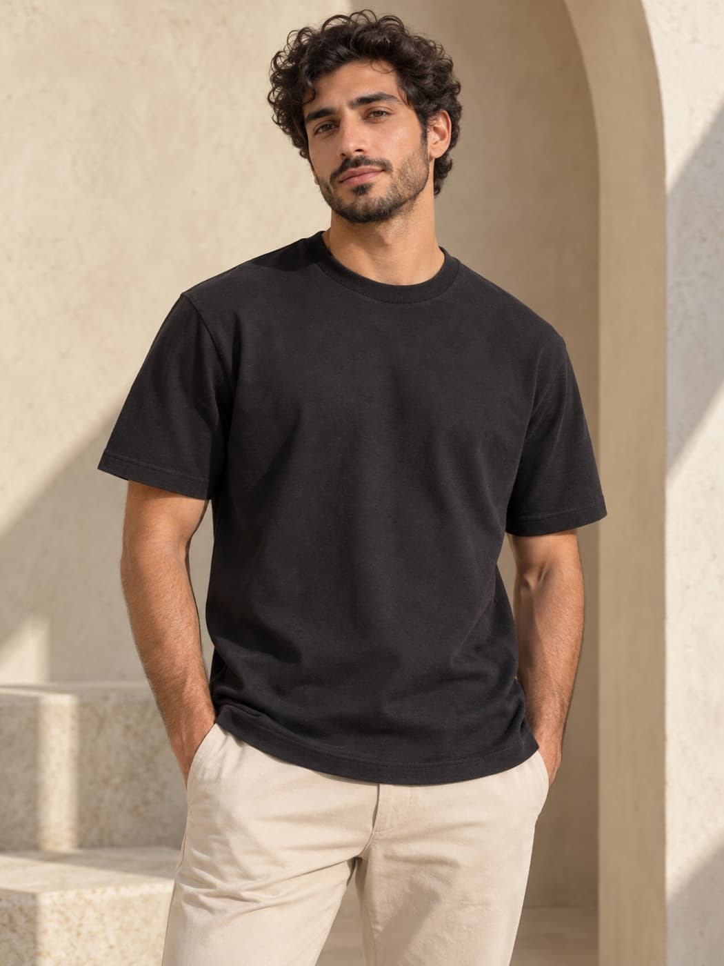 Charcoal crewneck T-shirt on a model