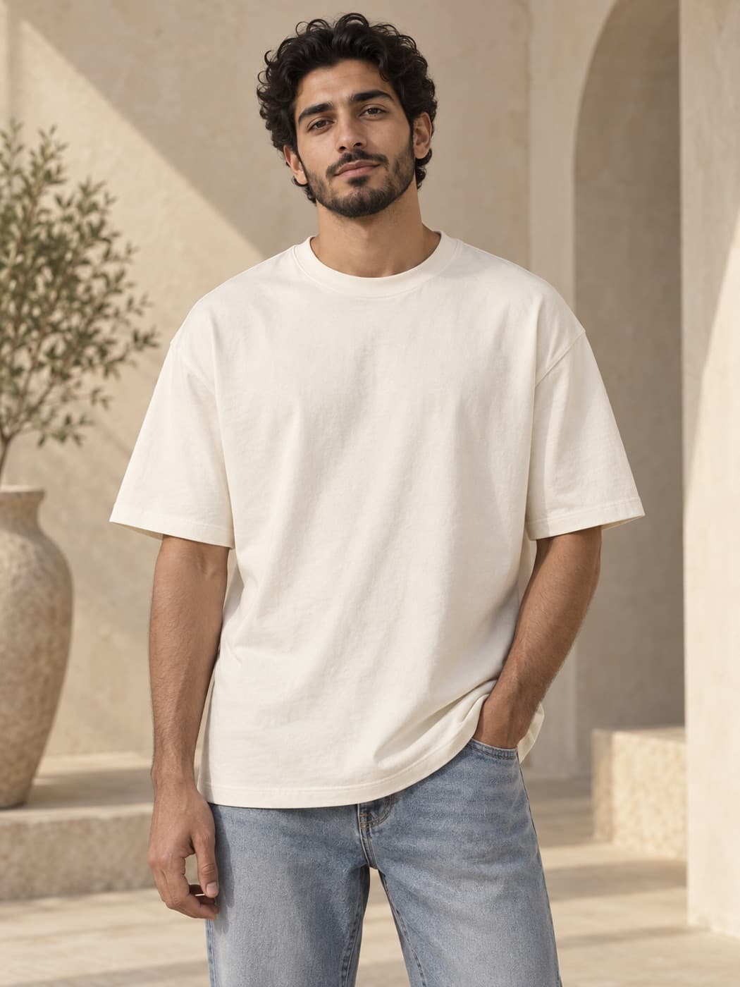 Ecru oversized cotton T-shirt on a model