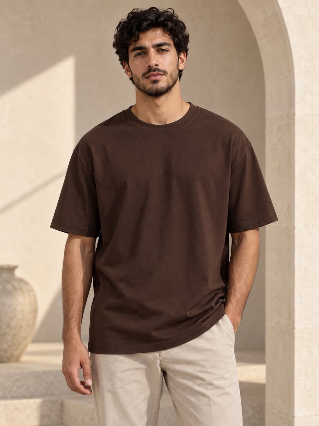 Espresso oversized cotton T-shirt on a model
