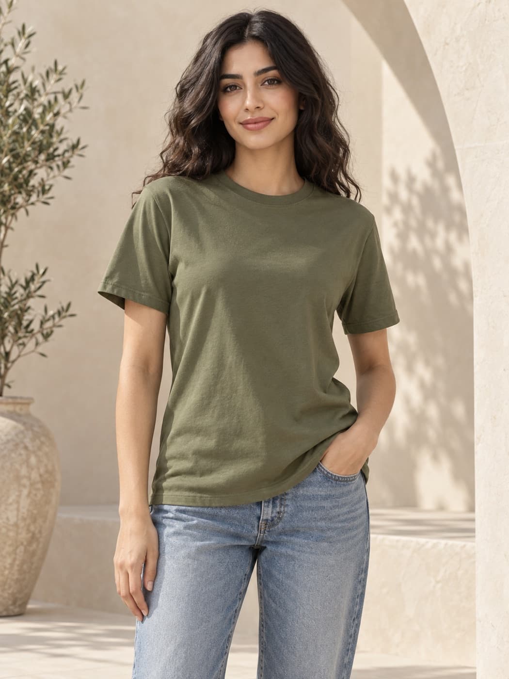 Olive cotton T-shirt on a model