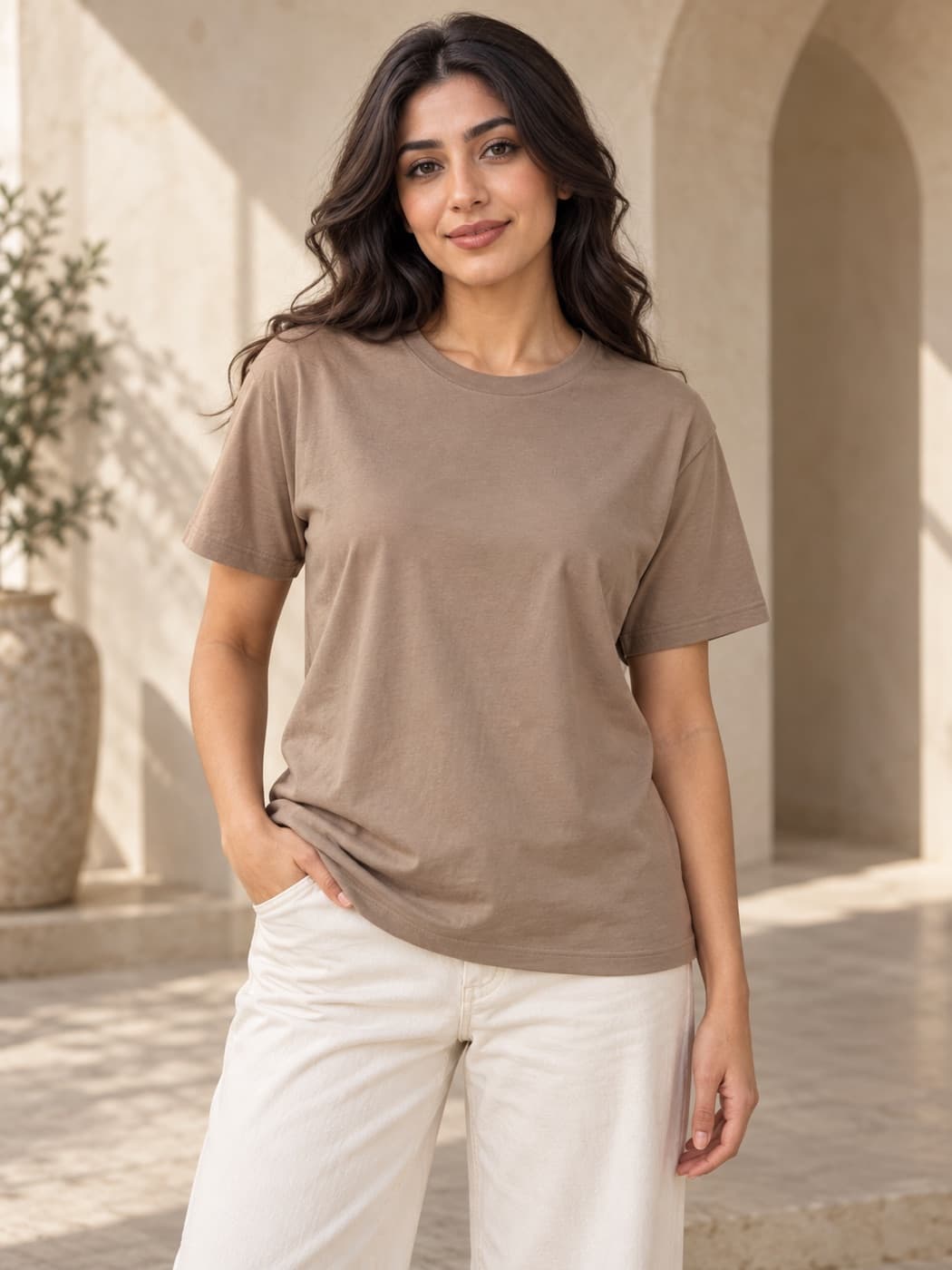 Taupe relaxed cotton T-shirt on a model
